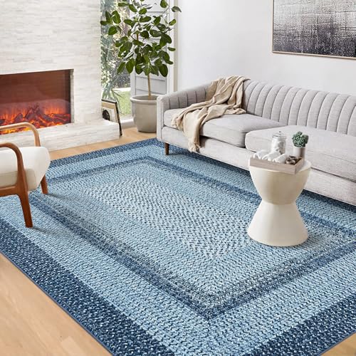 GAOMON Entryway Rug 3x5 Non Slip Washable Rug Braided Print Low Pile Floor Cover Indoor Soft Kitchen Mat Ultra-Thin Non-Shedding Farmhouse Floor Mat for Bedroom Laundry Under Table Office Dorm Blue