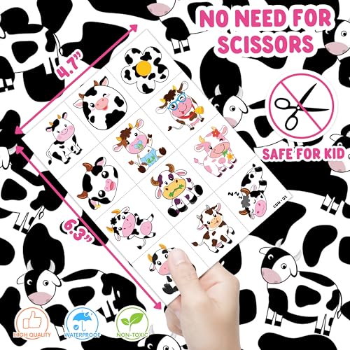 Image of 96 PCS Cow Pre-Cut Temporary Tattoos for Kids | | Cute Farm Animal Themed Birthday Party Favors, Supplies, Decorations, Fake Tattoo Stickers, Rewards & Gifts Boys & Girls