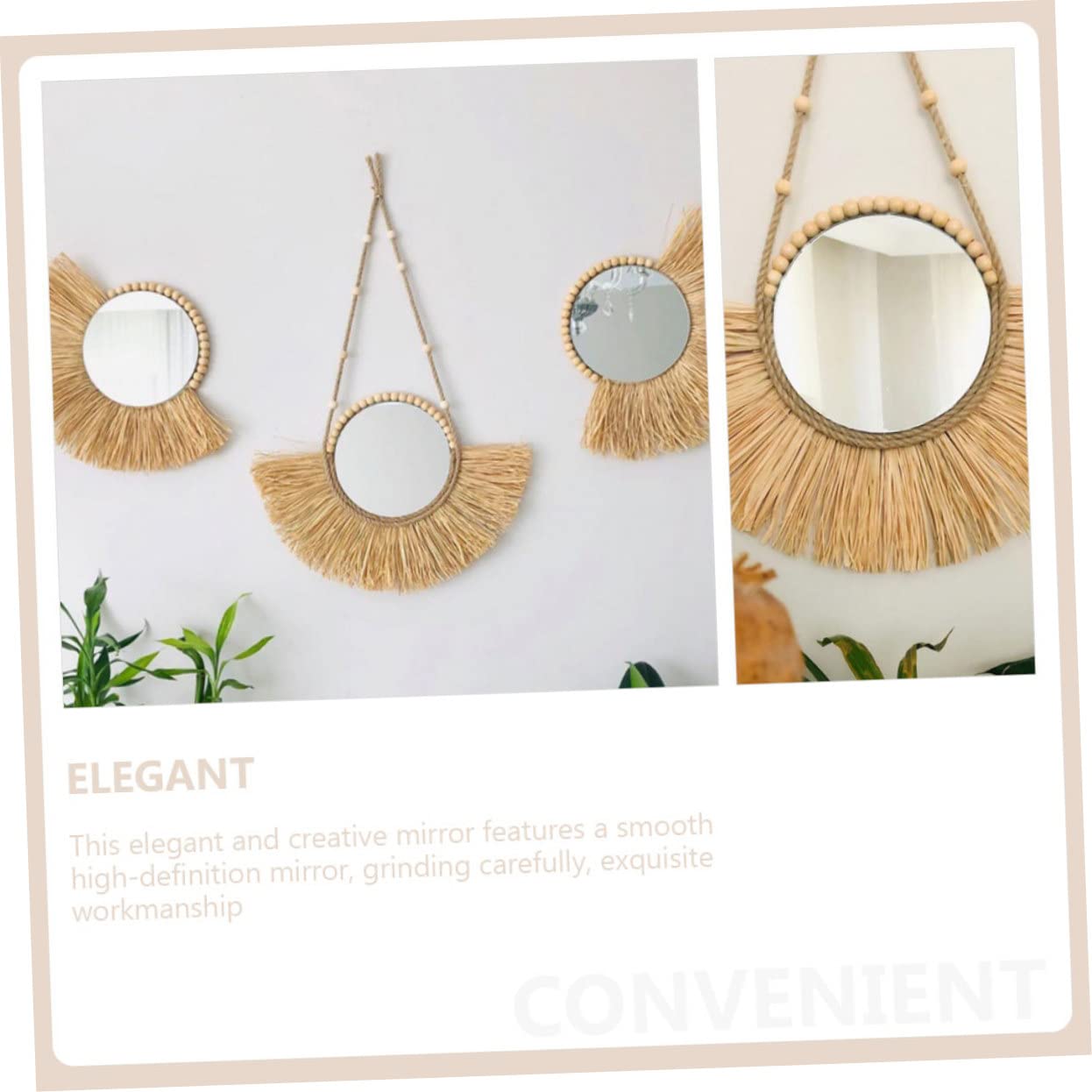 LIFKOME Handgefertigter Runder Wandspiegel mit Bastdesign, Beige, Dekorativ