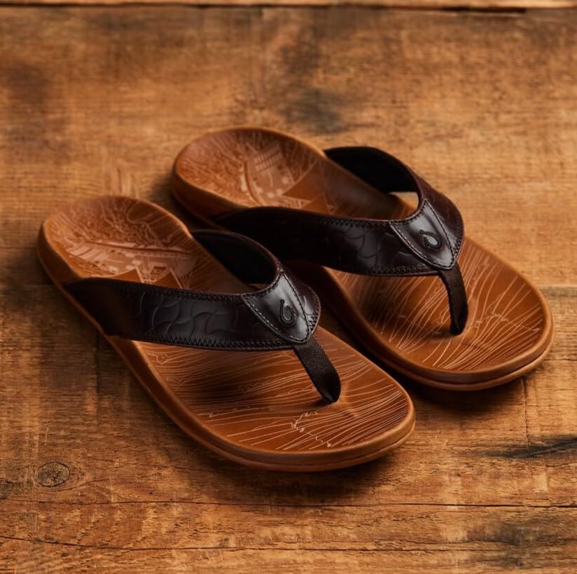 Image of OLUKAI Hikianalia Men's Leather Sandal, Full-Grain Leather, Non-Marking Rubber Traction Pads & Compression Molded Footbed