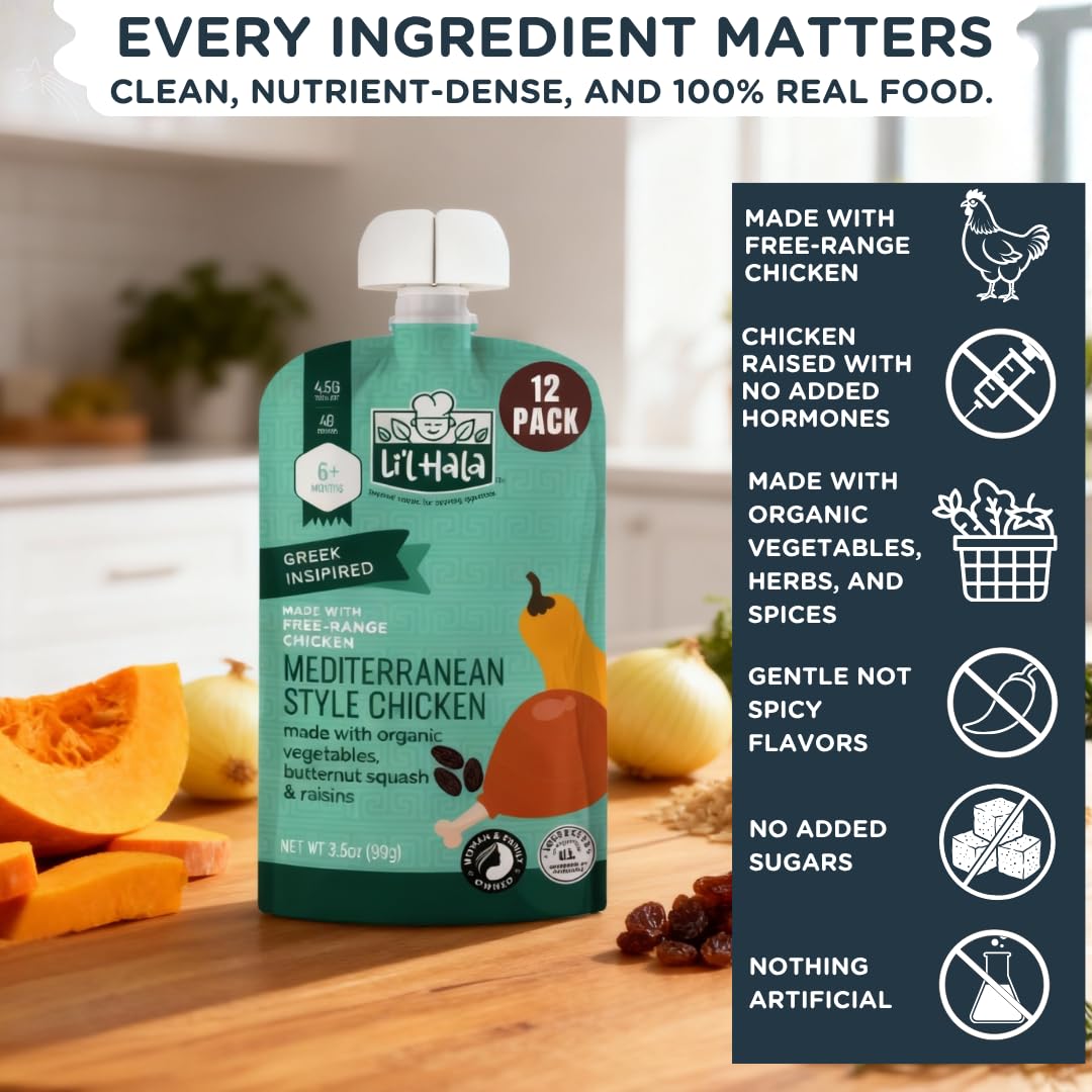 Li’l Hala Foods - Baby Meat Pouches - Mediterranean Chicken – Free-Range Chicken & Organic Veggies – Toddler Meals with Meat – Protein & Healthy Fats Puree – No Hormones – 6+ Months – 3.5 oz (12 Pack)