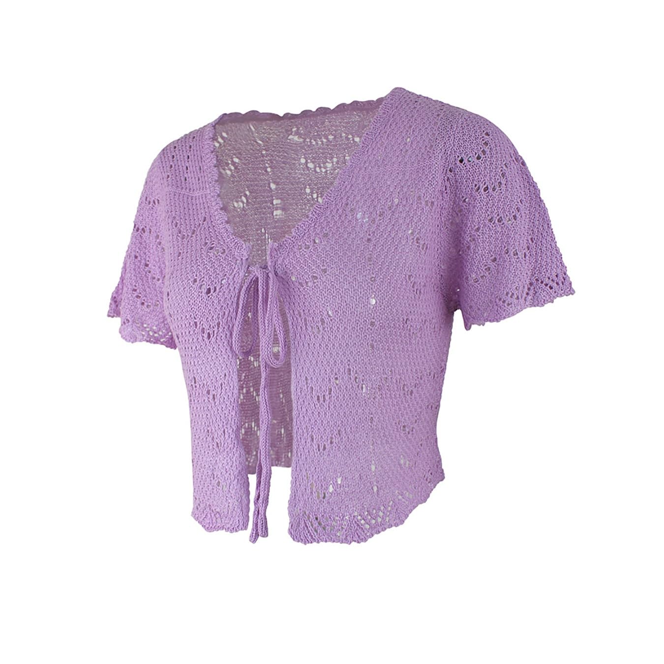 LIUYUYOUGO Womens Crochet Knitted Short Sleeve Shrug Cardigan Bolero Top V-Neck Tie Front Knit Shirts Lightweight Sweater Crochet Cropped Tops Casual Hollow Beach Coverup Lilac L