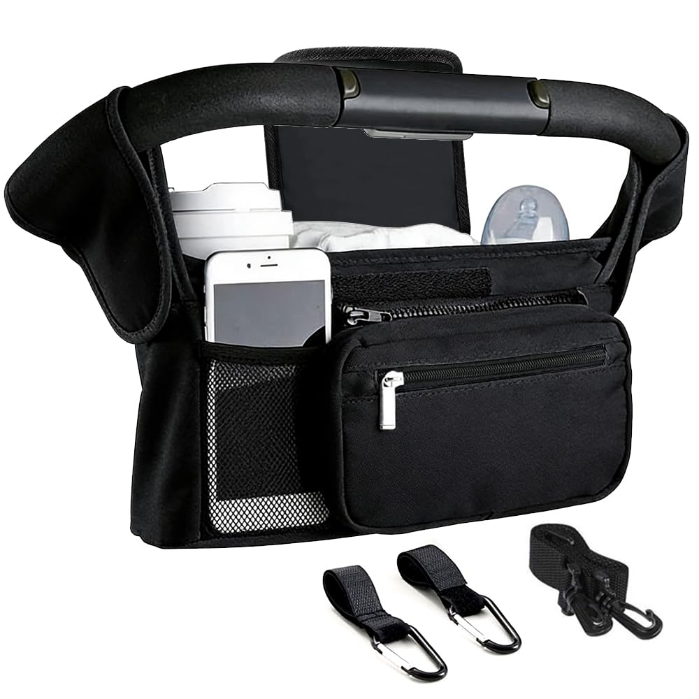 Tyuodna Kinderwagen Organizer Universal,Buggy Tasche mit 2 Isolierten Getränkehaltern, Große Kapazität & Abnehmbarer Schultergurt, rutschfeste Haken für Kinderwagen/Buggy (Balck)