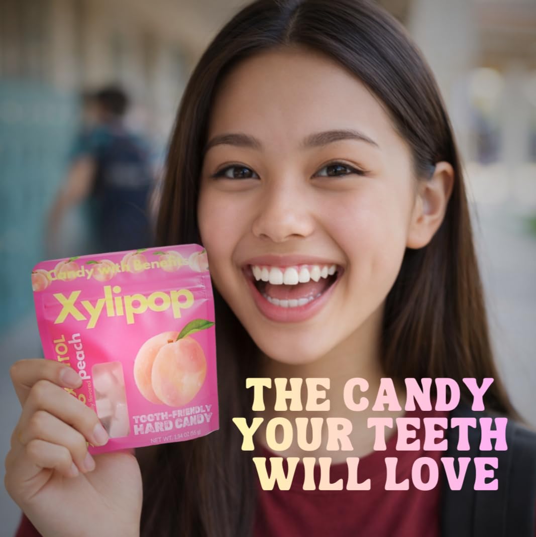 Xylipop 4 Pack (Peach) – Tooth-Friendly Xylitol Candy | Made with 3 Organic Ingredients | Sugar-Free, Vegan | Healthy Snack for All Ages | 4 x 1.94 oz Pouches