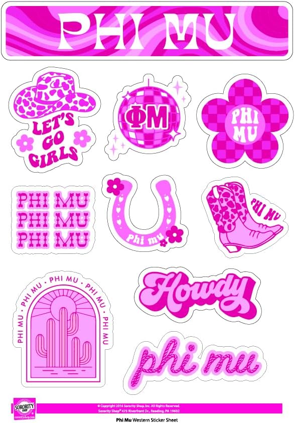 Miniatura 1 de Phi Mu - Hoja de calcomanías de vinilo de diseño occidental con diseños con licencia oficial, adhesivo extraíble, 10 calcomanías por hoja, por