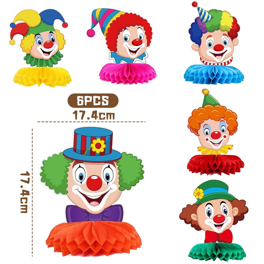 Décoration de Carnaval de Clown, 9 Pièces Décorations de Table Clown, Décoration de Table en Nid D'abeille 3D, Décoration Clownesque Alvéolaire Cirque Animal, pour Carnaval, Anniversaire (6Pcs)