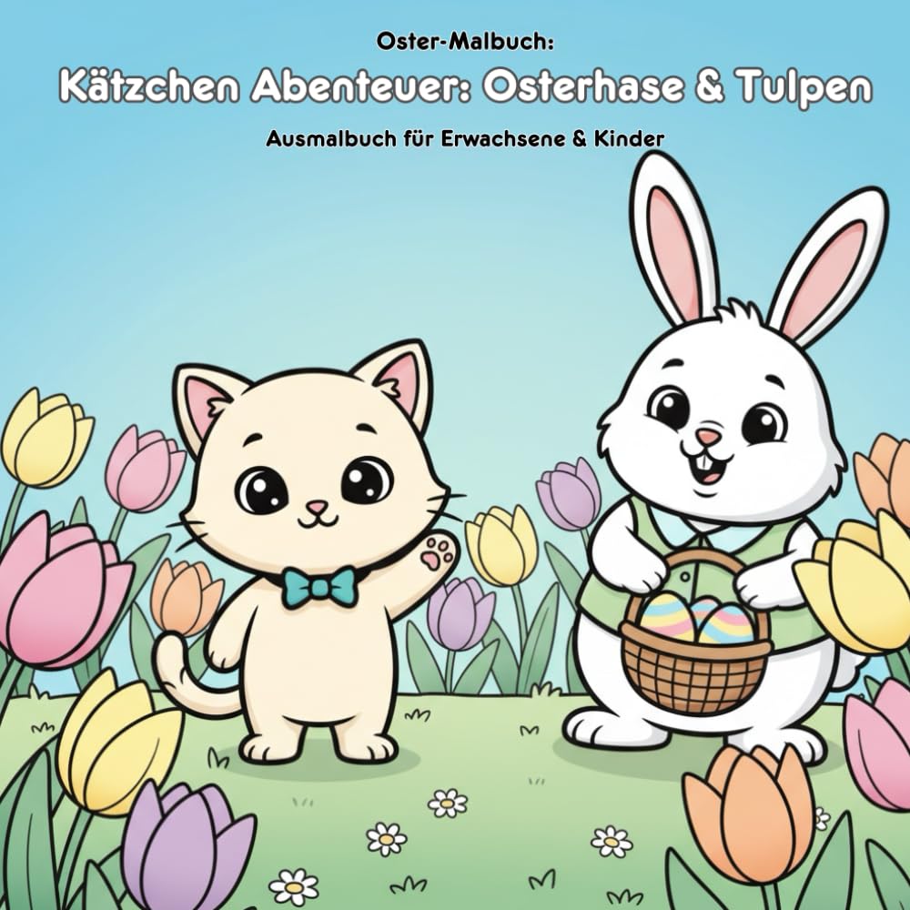 Kätzchen Abenteuer: Osterhase & Tulpen Malbuch mit Geschichte: Für Erwachsene & Kinder | 36 liebevolle Ausmalbilder (21.59 x 21.59 cm) | Ein ... Frühlingsabenteuer zum Entdecken und Vorlesen
