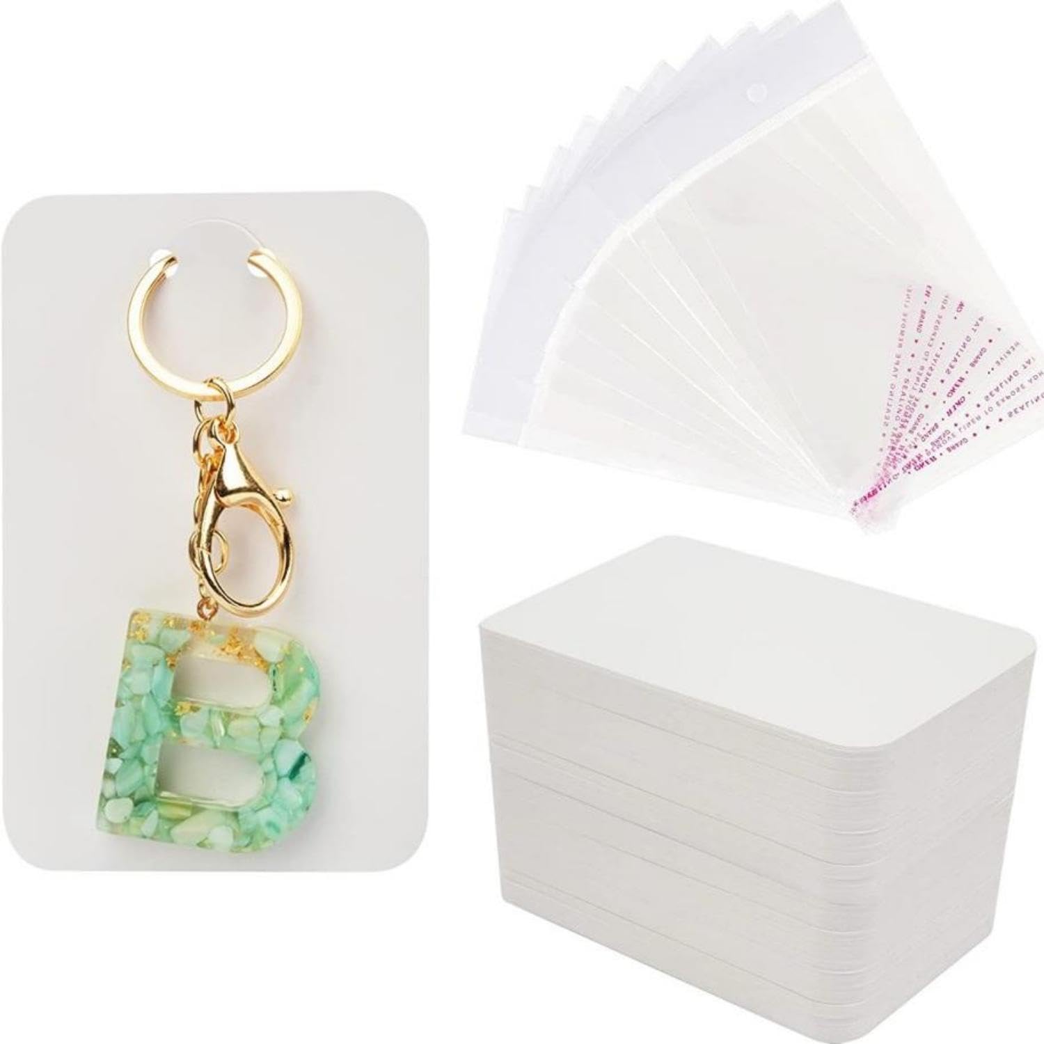 Tabanzhe Keychain Display Cards with Self-Sealing Bags-100PCS Keyrings Display Holders Necklaces Bracelet Display Card Holders for Keychains Handmade Jewelry Display Packaging (White)