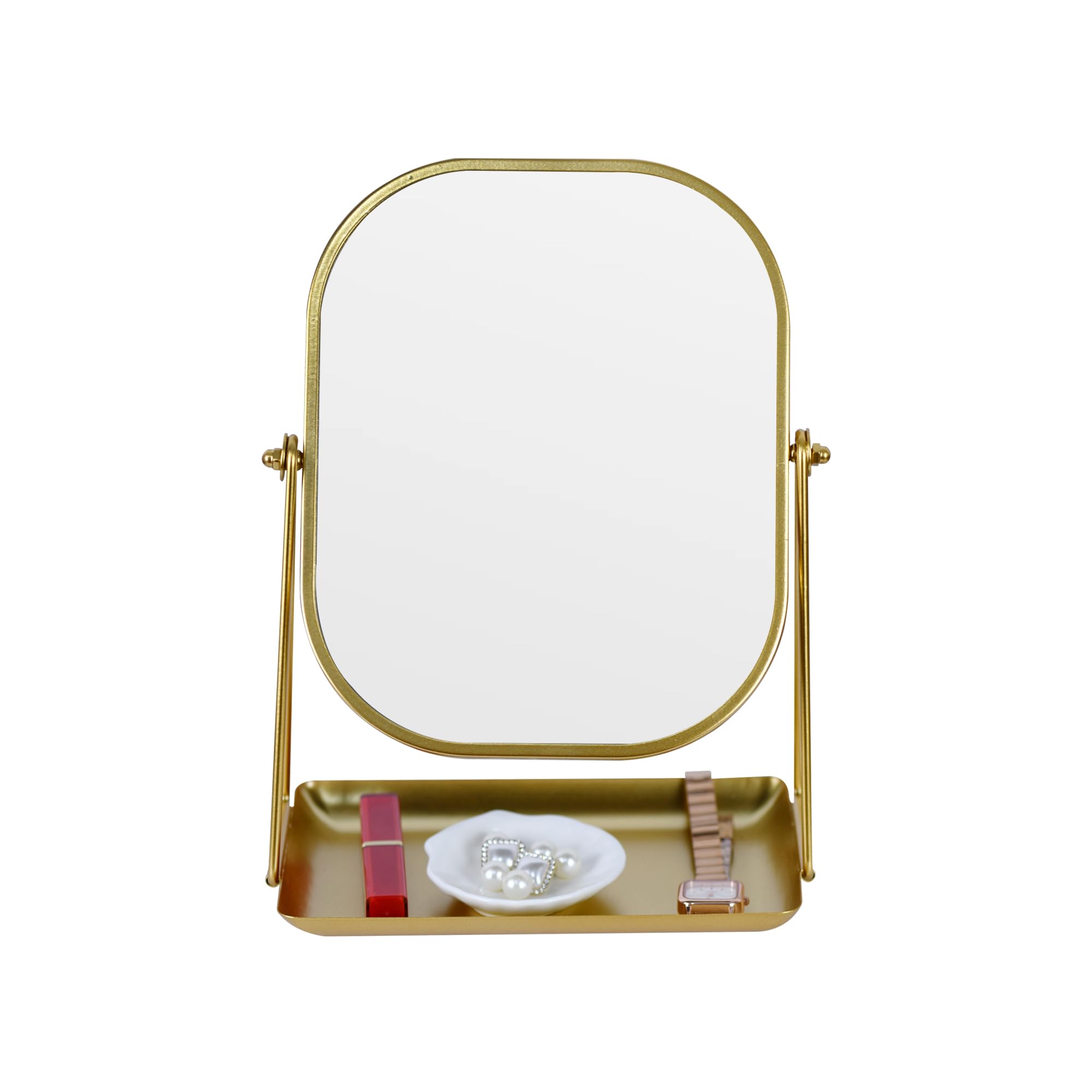 360° Rotating Metal Makeup Mirror with Storage, Vanity Mirror for Desk, Bathroom, Bedroom, Dressing Table (Gold)