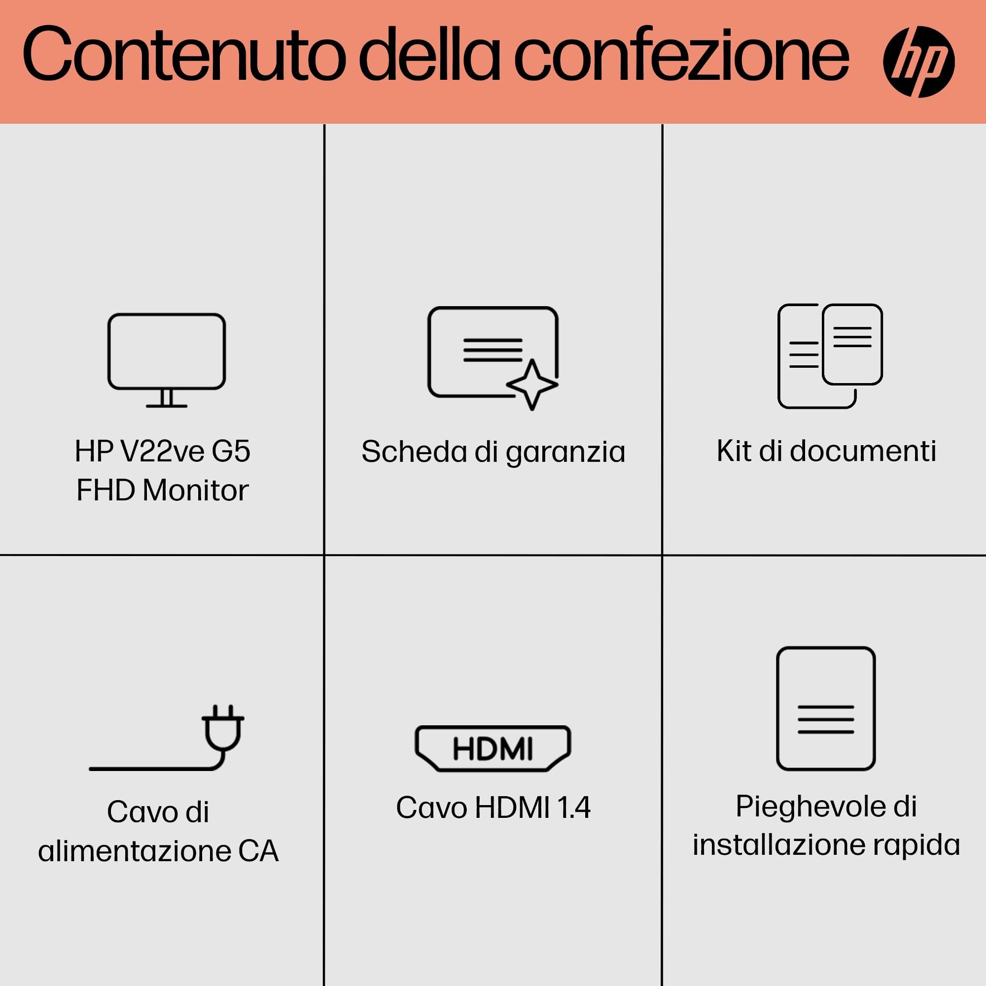 HP V22ve G5 Monitor da 22", FHD, 16:9, Antiriflesso, Pannello VA da 75Hz, Tempo di Risposta 5 ms, Reclinabile, VESA 10x10 cm, AMD FreeSync, 200 Nits, Modalità Low Blue Light, VGA, HDMI 1.4, Nero