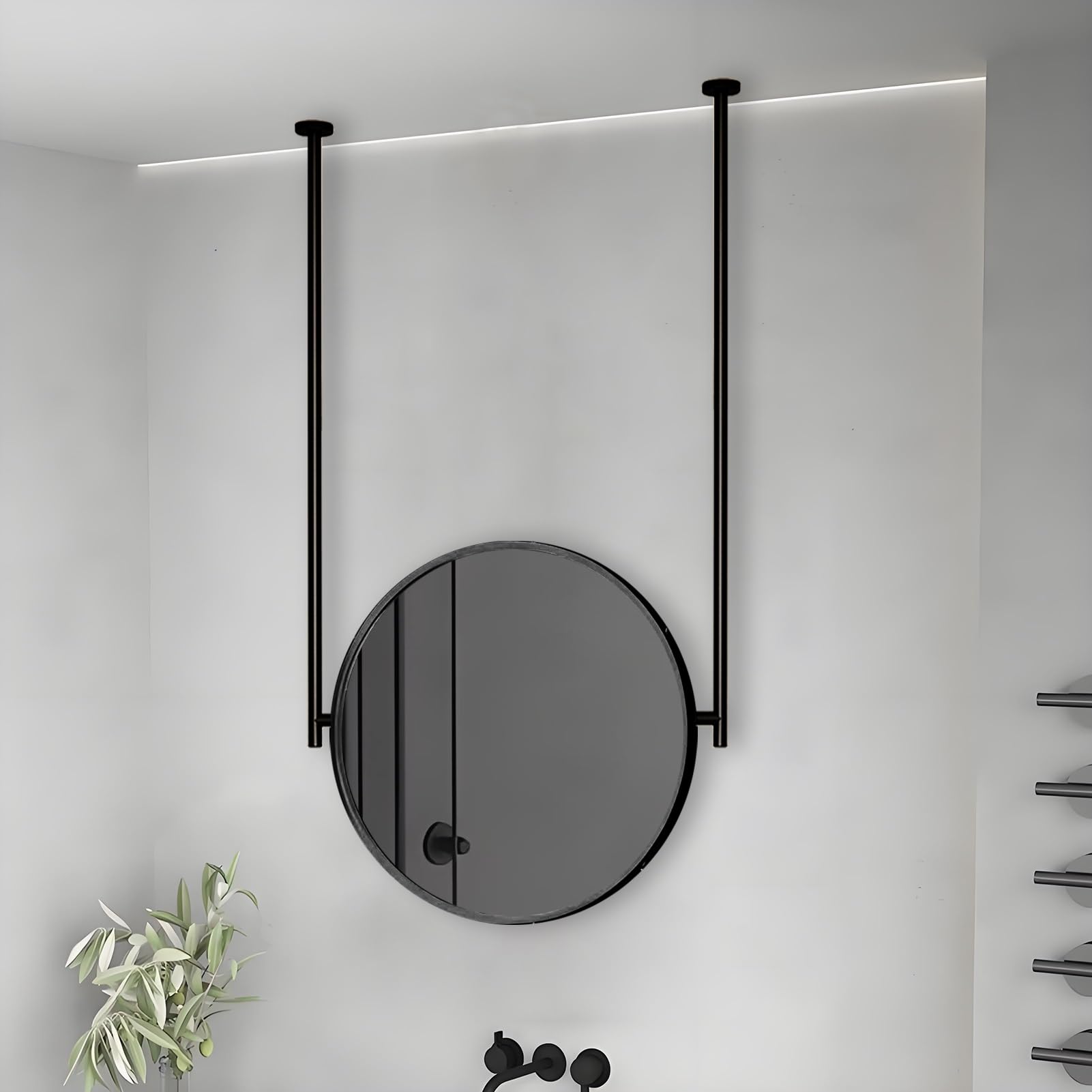 FGXHHS Ceiling Mounted Mirror with Customizable Hanging Rod, Black Round Framed Bathroom Vanity Mirror, Wall-Mounted Mirrors for Bedroom, Entry Way, Hallway(Diameter-60CM/23.6INCH)