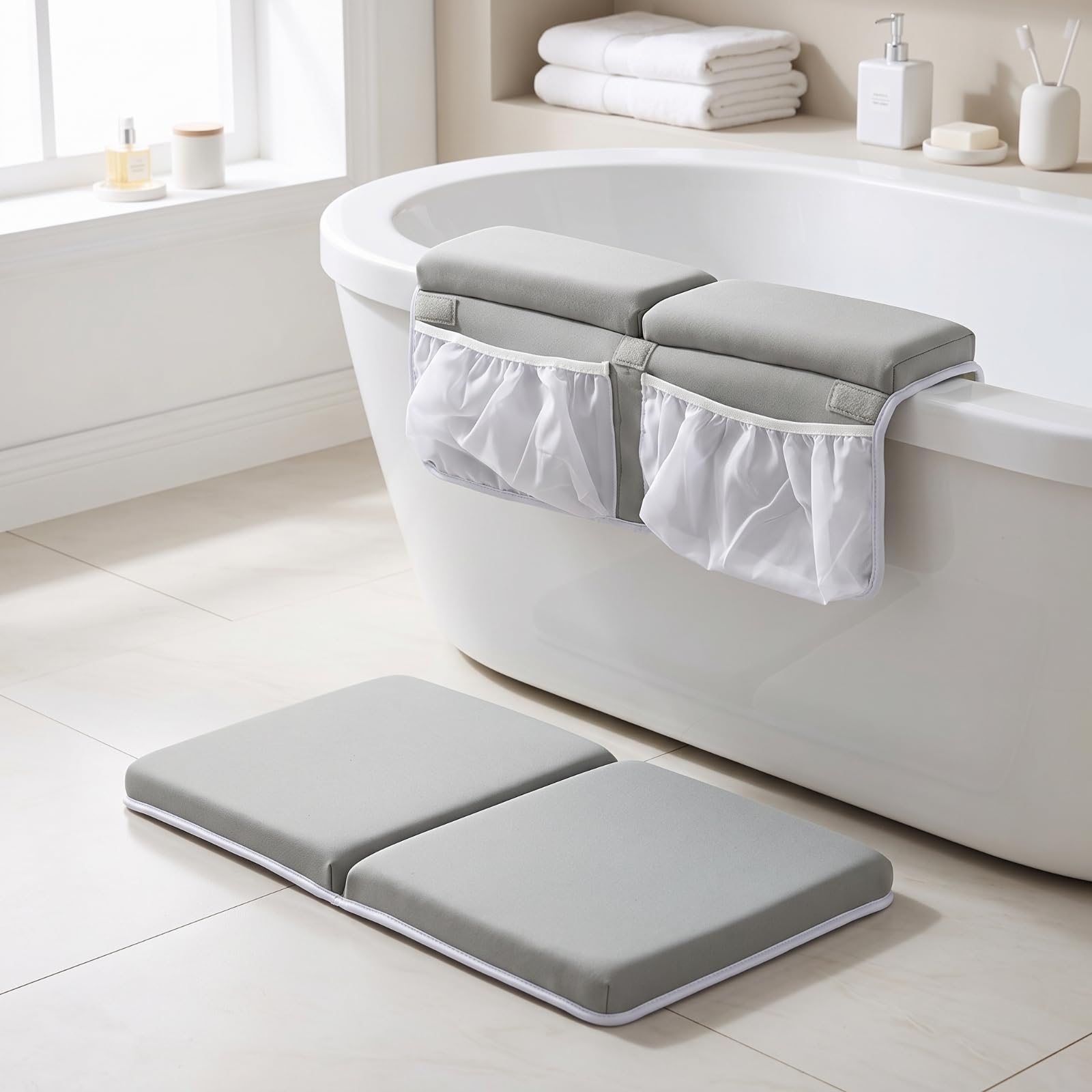 Inginocchiatoio da Bagno Pieghevole, Grigio Chiaro, Modello Pieghevole Con Tasca, 6 Ventose, Confezione In Sacchetto Di Polietilene, Grigio Chiaro