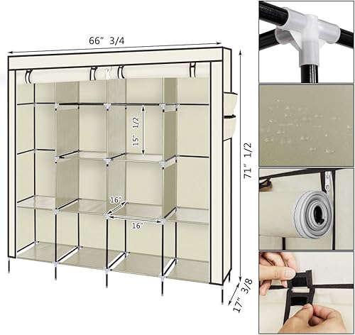 Miniatura 2 de Armario de ropa portátil de 67 pulgadas, 12 estantes, 4 bolsillos laterales, color beige, para dormitorio, entrada, sala de estar