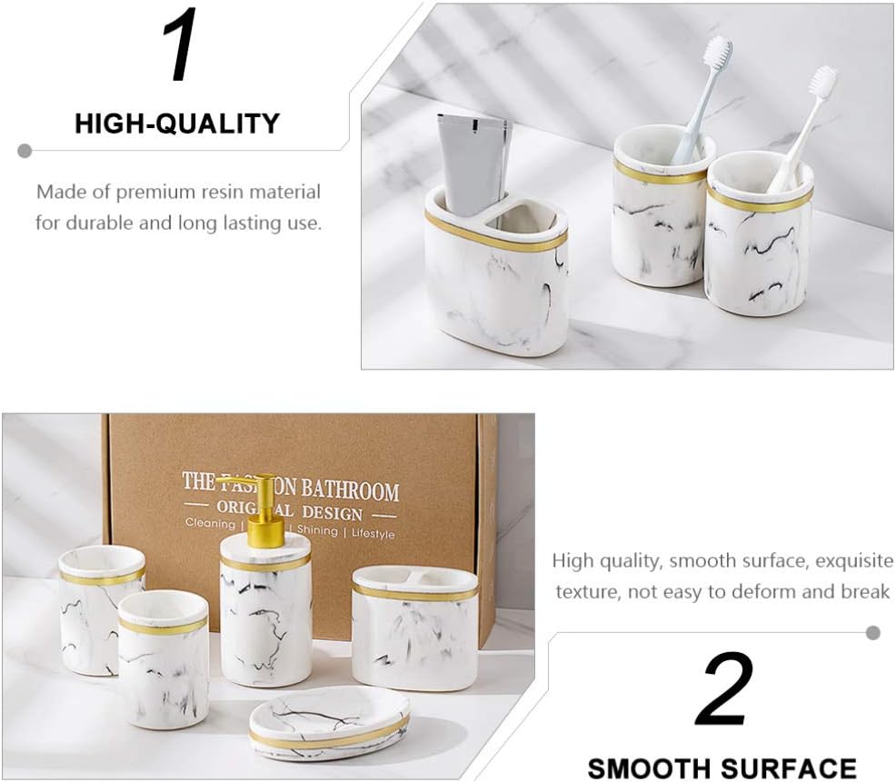 Cabilock 5pcs Marble Look Bathroom Accessory Set Stylish Hand Bottle Soap Dish Mouthwash Cups for Organized and Elegant Bath Spaces