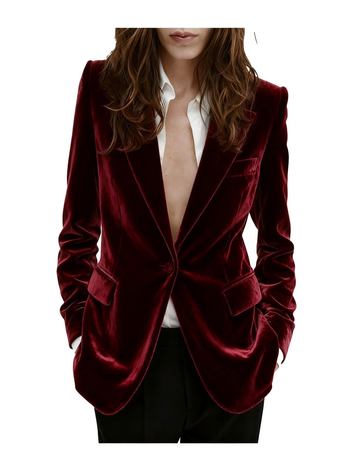 Photo 1 of Womens Velvet Blazer Slim Fit Suit Jacket One Button Warm Blazer for Winter Wedding Prom Warm Women Blazer Burgundy