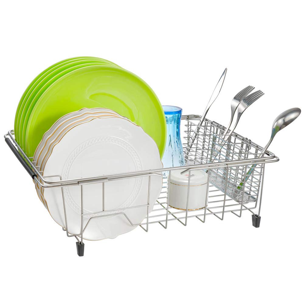 SANNO Escurridor de platos expandible, escurridor de platos grande con soporte de cubiertos de 4 divisiones, escurridor de platos en el fregadero en el mostrador, acero inoxidable