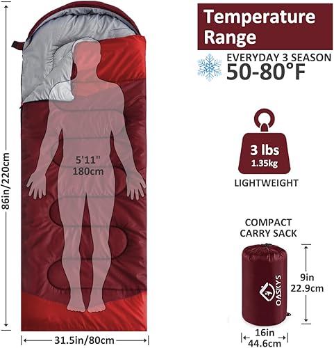 Miniatura 2 de Oaskys - Saco de dormir para acampar, para 3 estaciones, clima cálido y fresco, verano, primavera, otoño, ligero, resistente al agua, para adultos y
