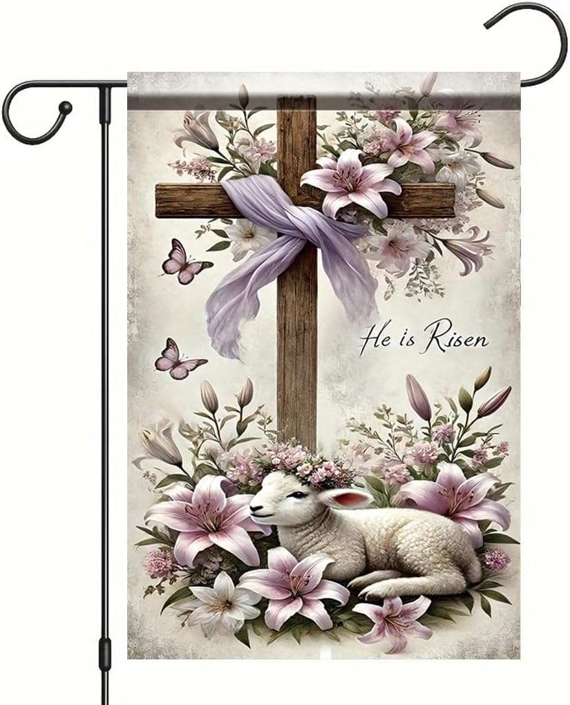 He Is Risen Garden Flag 12x18 Inch Double Sided Outdoor Yard Banner Christian Cross Lily Flowers and Lamb Easter Religious Theme Garden Decoration for Porch Patio Lawn Church Outdoor Decor - Image 7