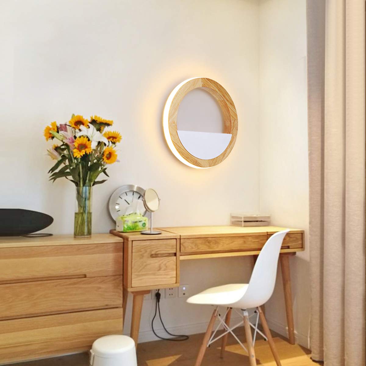 QJUZO Wandlamp van hout, voor binnen, 15 W, rustieke led-wandlamp van hout, voor kinderkamer, slaapkamer, woonkamer, hal, gang, trap, 4000 K, modern, bedlamp, warm wit, ronde kinderbedlamp