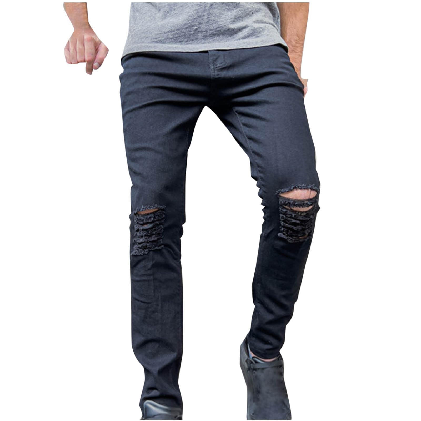 Bidobibo Slim Fit Jeans for Men Black Destroyed Distressed Taper Zipper Pants with Holes Skinnys Mens Skinny Ripped