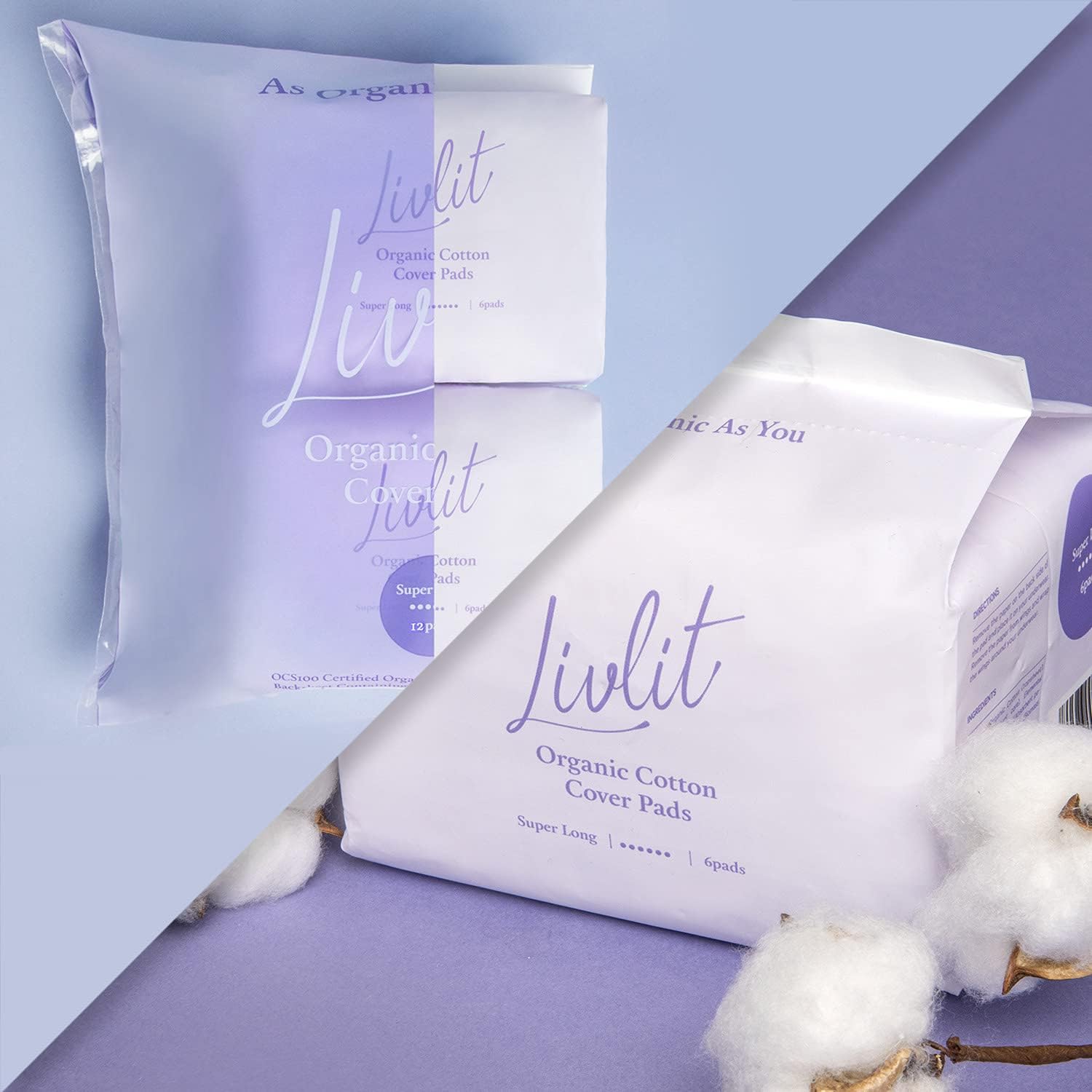 Livlit Super Long Overnight Pads Sanitary Pads, 100% Organic Cotton from Texas, Heavy Absorbency, Powerful Leak Protection, Unscented, Extra Long Length Pads for Women (12 Count): Health & Personal Care
