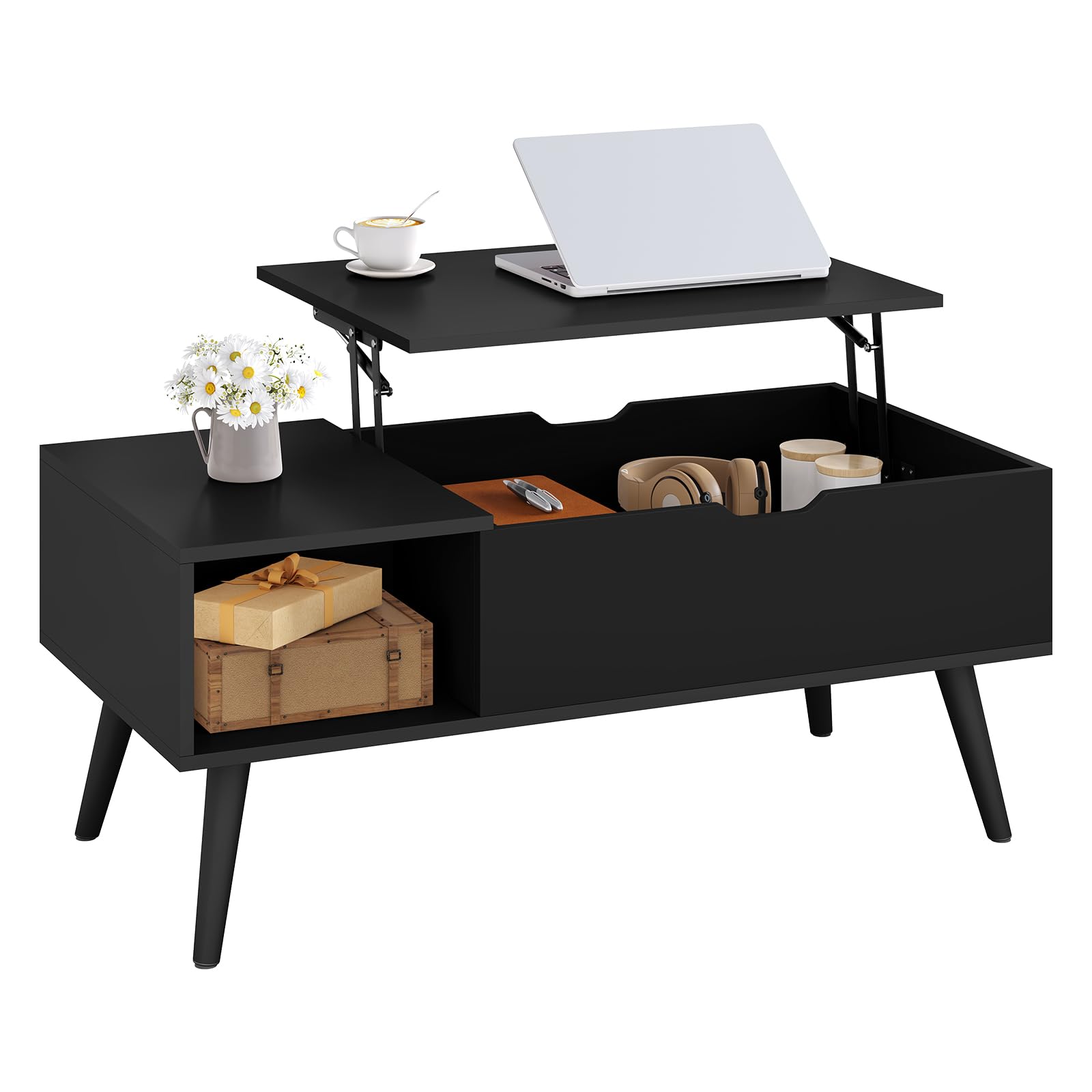 WOLTU Couchtisch höhenverstellbar, Wohnzimmertisch mit Stauraum, Kaffeetisch Beistelltisch Sofatisch, 100x(43-57) x50 cm, Schwarz, BTS26sz
