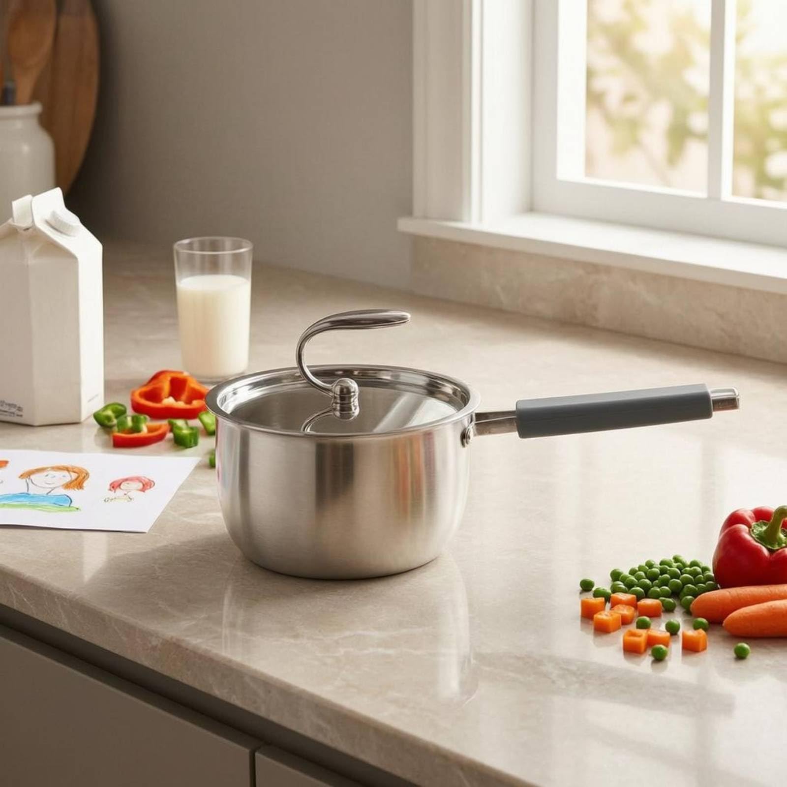 Qianly Pot Lait Inox Triple Couche Casserole à Lait Finition Brossée Ustensile Cuisine