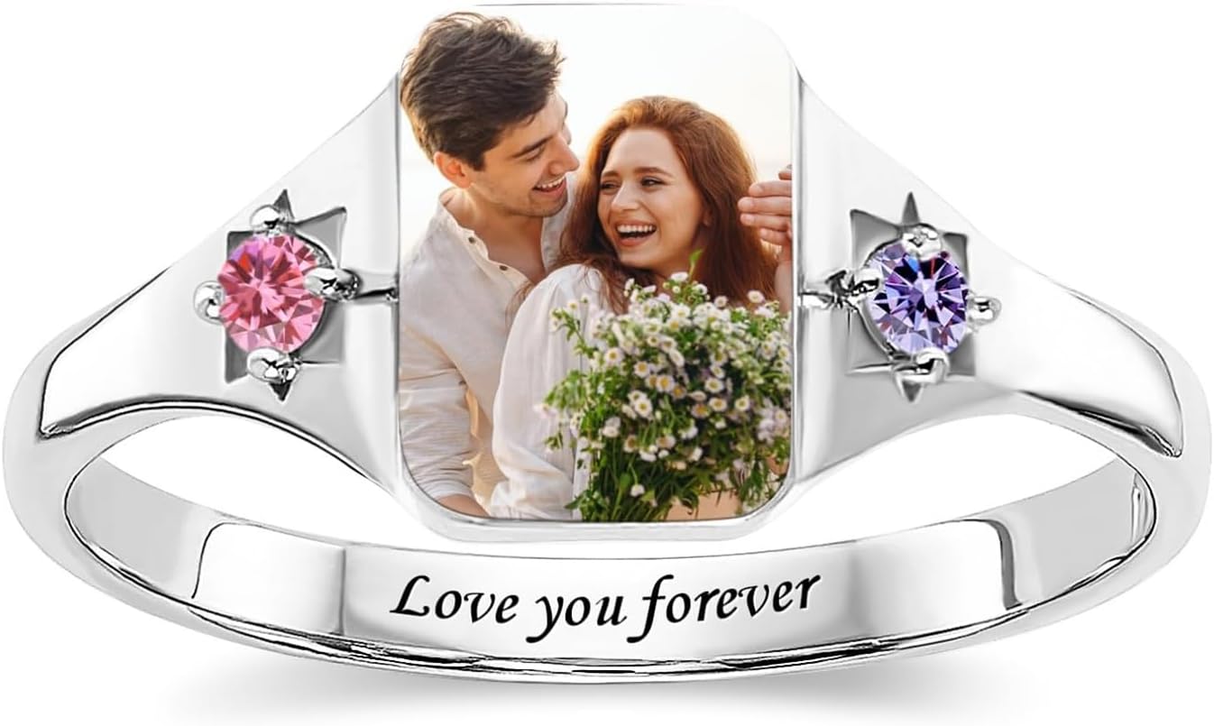 LucySky Custom Photo Ring 925 Sterling Silver Personalized Birthstone Rings for Women Customized Promise Rings Memorial Gifts for Lover, Grandma, Wife, Girlfriend