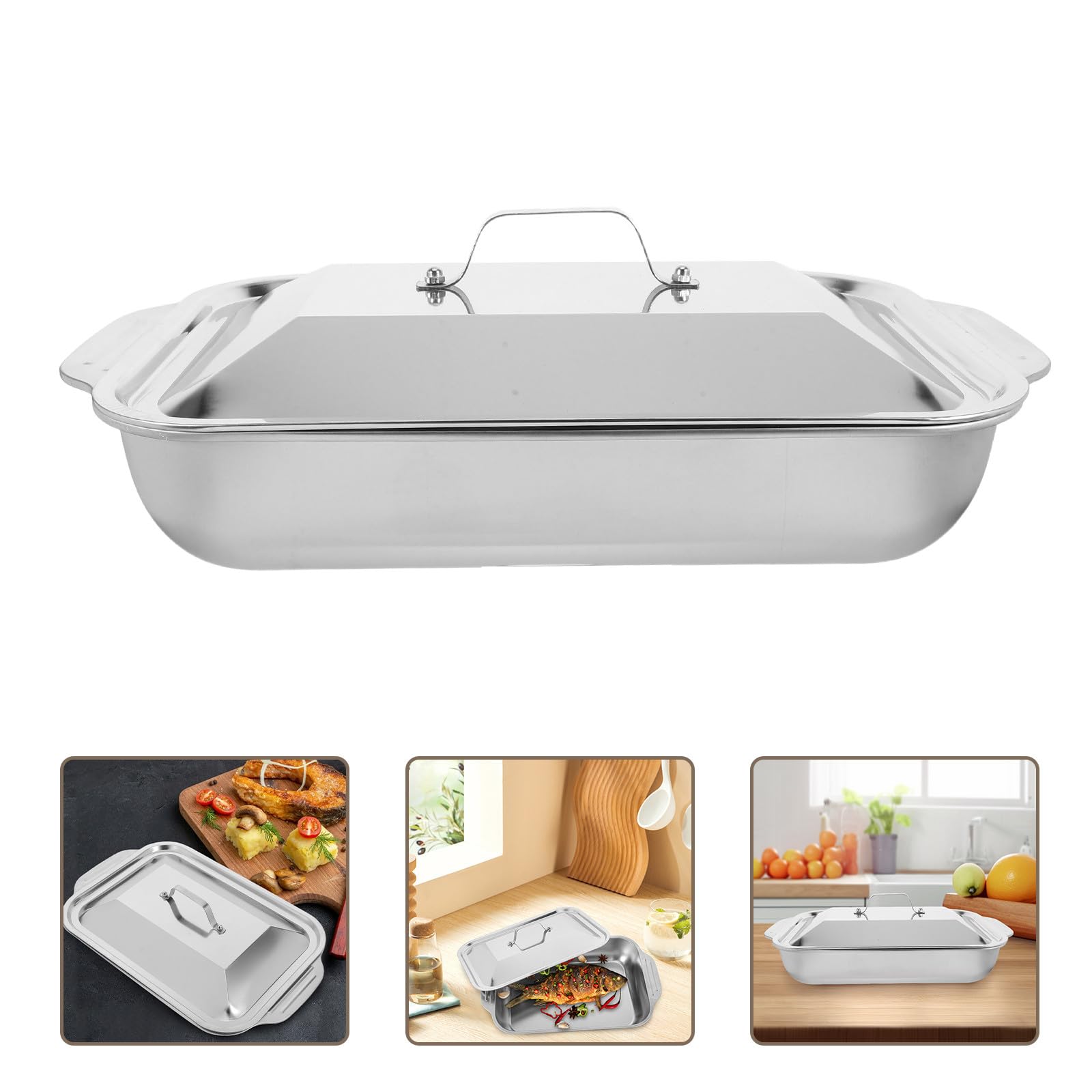BESTonZON Edelstahl Fischgrillplatte Rechteckig mit Deckel Vielseitiges Bratblechrost für Backen und Servieren Modernes Design Verhindert Auslaufen von Fischsäften