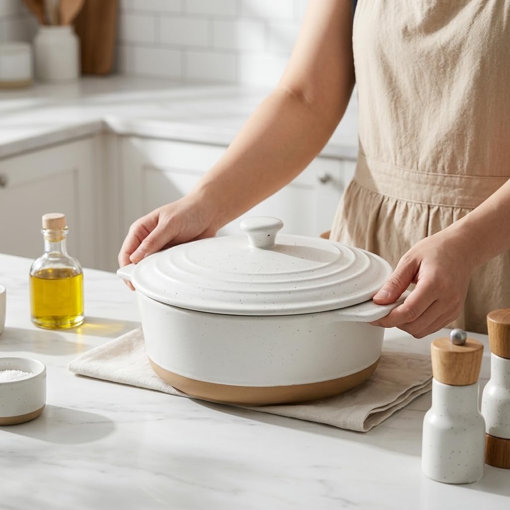 HVH Ceramic Casserole Dish with Lid Oven Safe, 2 Quart Round Casserole Dish Set, 9 Inches Round Baking Dish with Lid Oven Safe, Deep Baking Dishes for Oven with Lids for Party, Farmhouse Style (White)