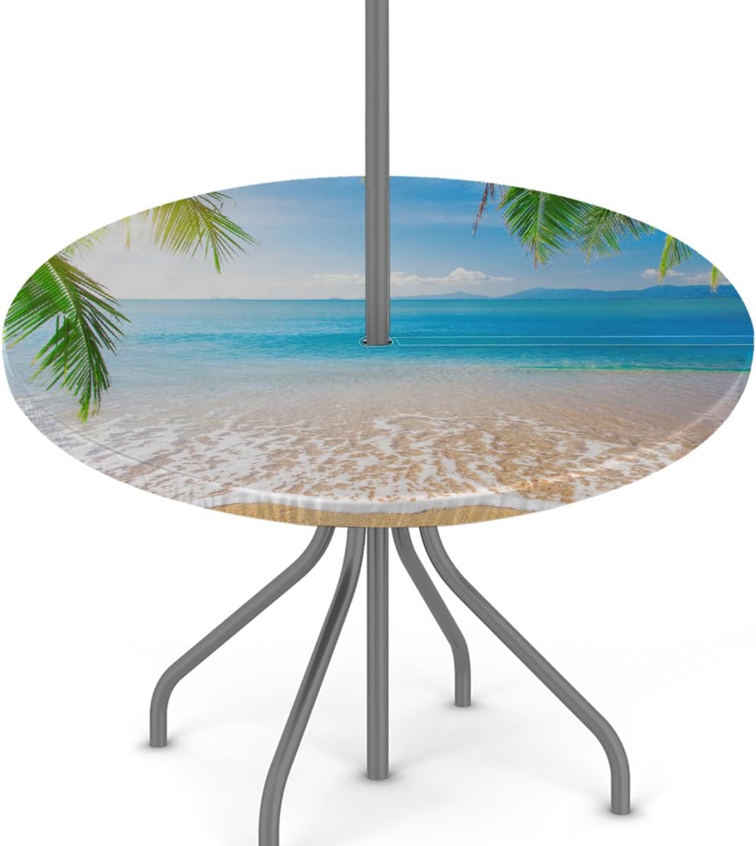 Beach Summerpalm Tree Round Outdoor Table Cloth with Umbrella Hole Palmtree Ocean Outdoor Round Fitted Tablecloth with Elastic Edge Waterproof Circle Table Cover for Patio Garden Picnic (45-56 in)