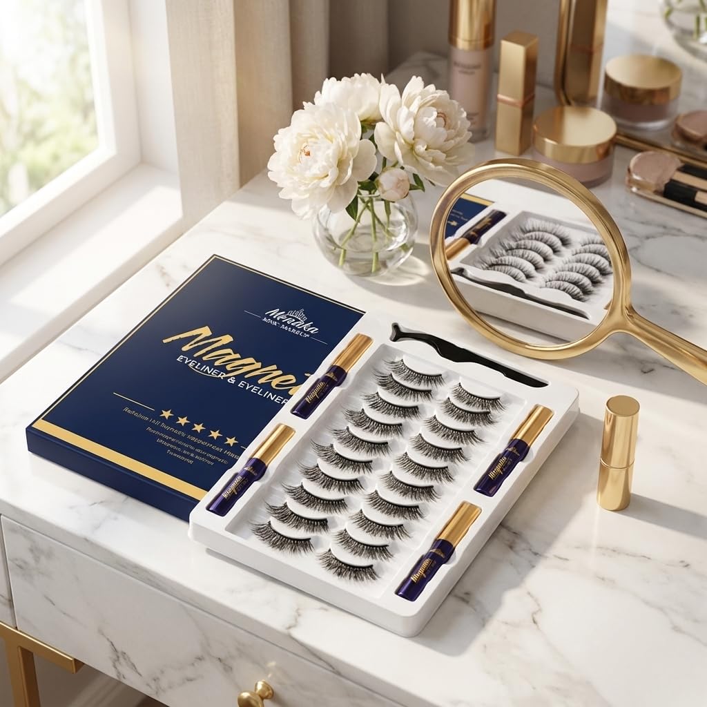 Menaka Magnetic Eyelashes Natural Look, 10 Pairs 3D Magnetic Lashes Kit Updated Strongest Waterproof.Reusable Magnet Fake Eyelash (Wispy Cat-Eye Magnetic Eyelashes Kit)
