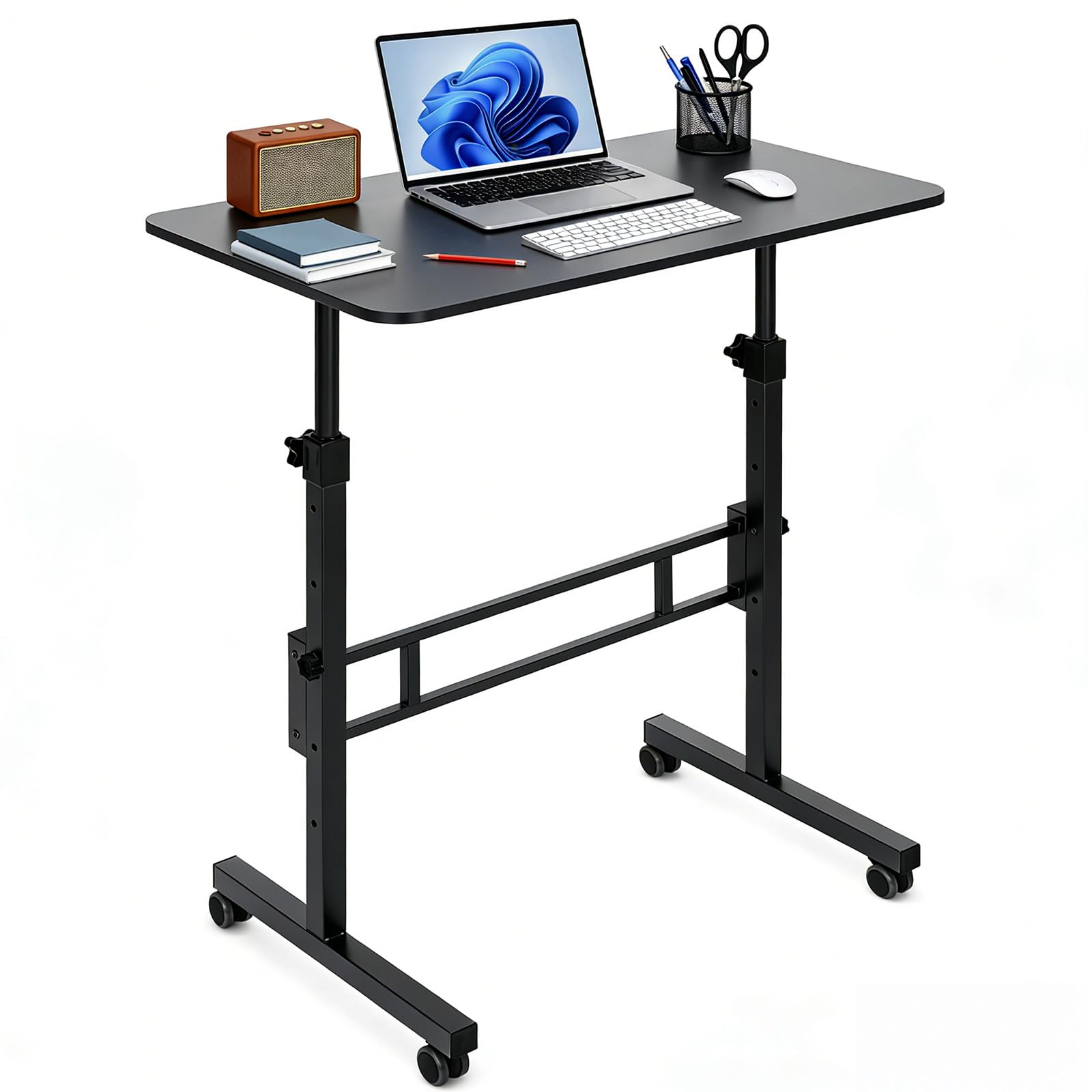 EVERGOODS Height Adjustable Standing Desk 80x40cm Mobile Small Desk Portable Home Office Computer Desks with Wheels Modern Simple Style Desks for Bedroom Living Room Office (Black)