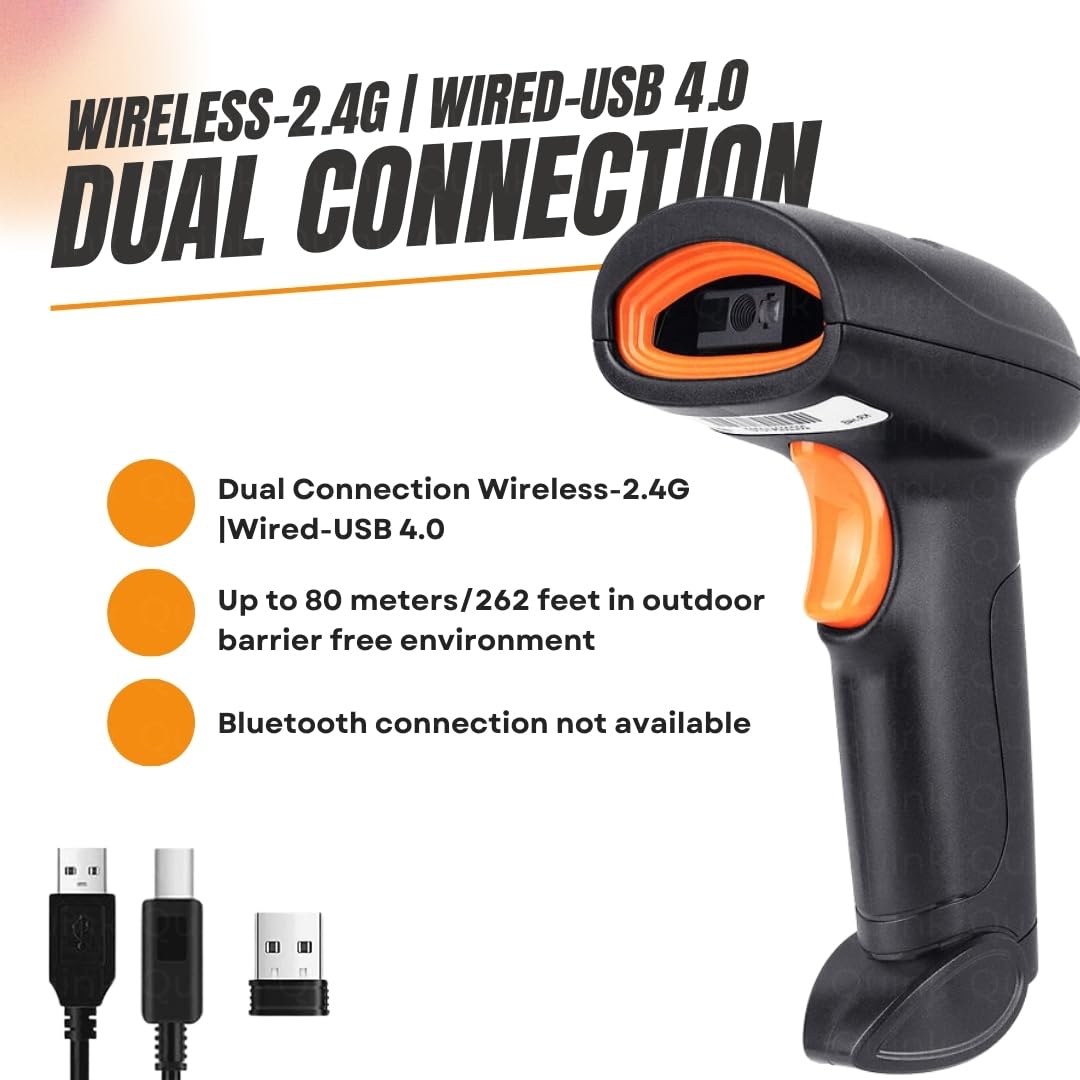 Quink 2.4GHz Wireless Barcode Scanner, QR and 1D/2D Code Reader, Wired and Rechargeable, Black (Handheld) 1