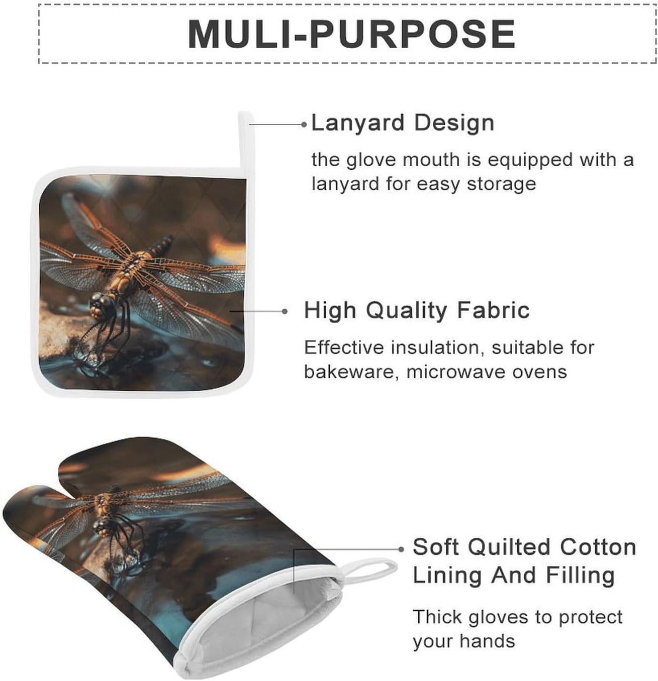 Oven Mitts Pot Holders Kitchen Dragonfly on The Water Heat Resistant Oven Glove for Baking and Cooking