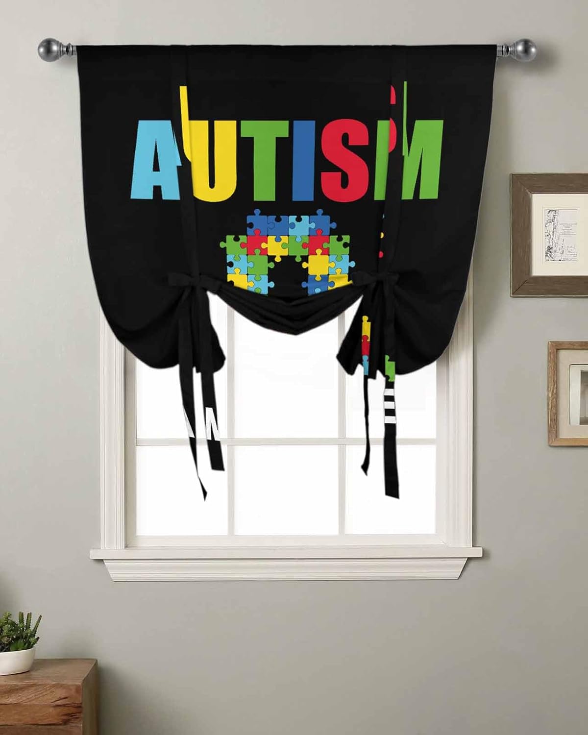 Cartoon Autism Tie Up Curtains for Windows 63 Inch Length Balloon Curtains Kitchen Adjustable Balloon Window Shade Abstract Awareness Colorful Blocks Modern Tie Up Bathroom Curtain Window 46"x63"