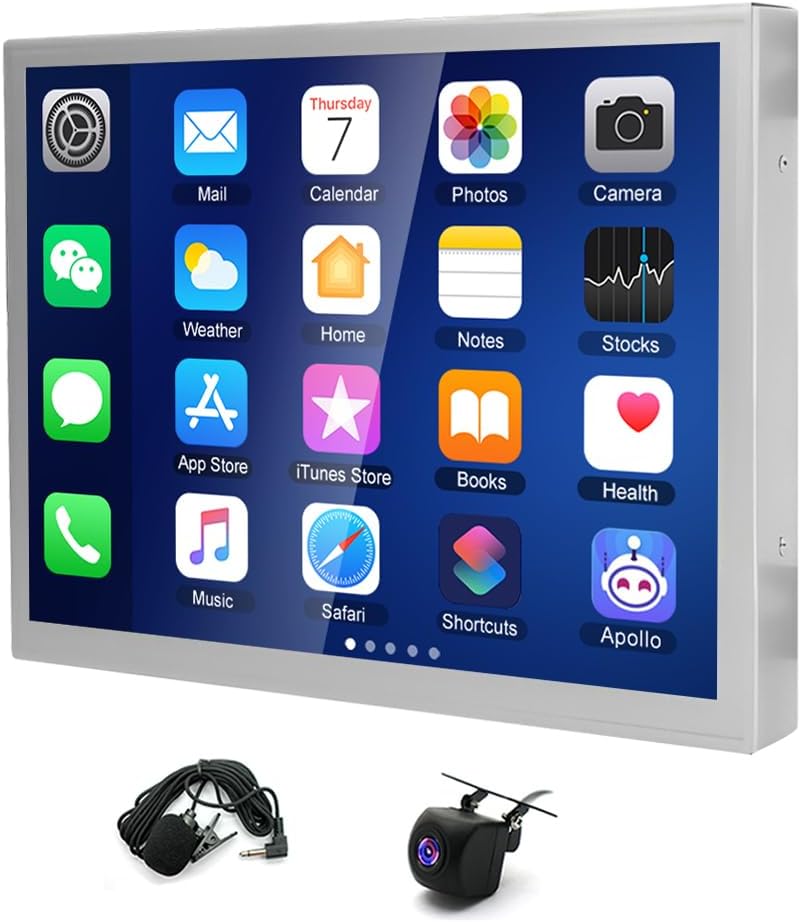 All components of the Zcargel 8.4 inch Android 14 Car Stereo laid out on a surface, including the main screen, wiring harnesses, GPS antenna, and camera.