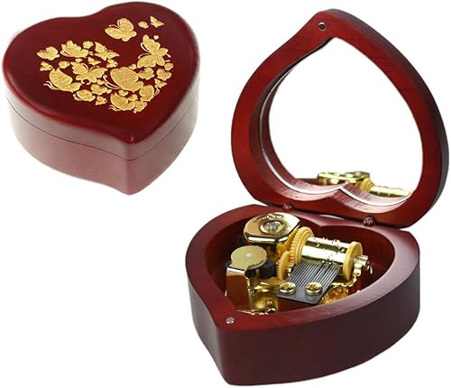 ROSIKING Caja musical con forma de corazón de madera vintage con mecanismo Sankyo para Navidad cumpleaños día de San Valentín corazón rojo vino con