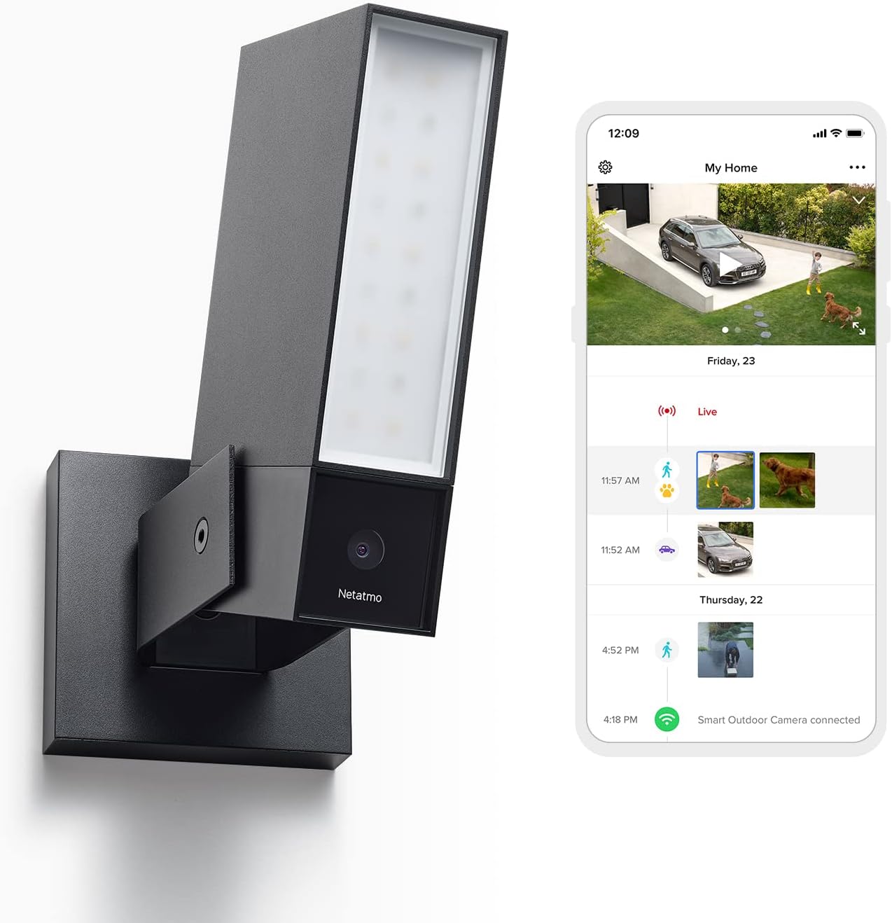 Netatmo Smart Outdoor Surveillance Camera, WiFi, Integrated Lighting 12 W, Video HD 1080p 4MP, Motion Detection, Night Vision, No Subscription, Additional Micro SD, NOC -AMZ