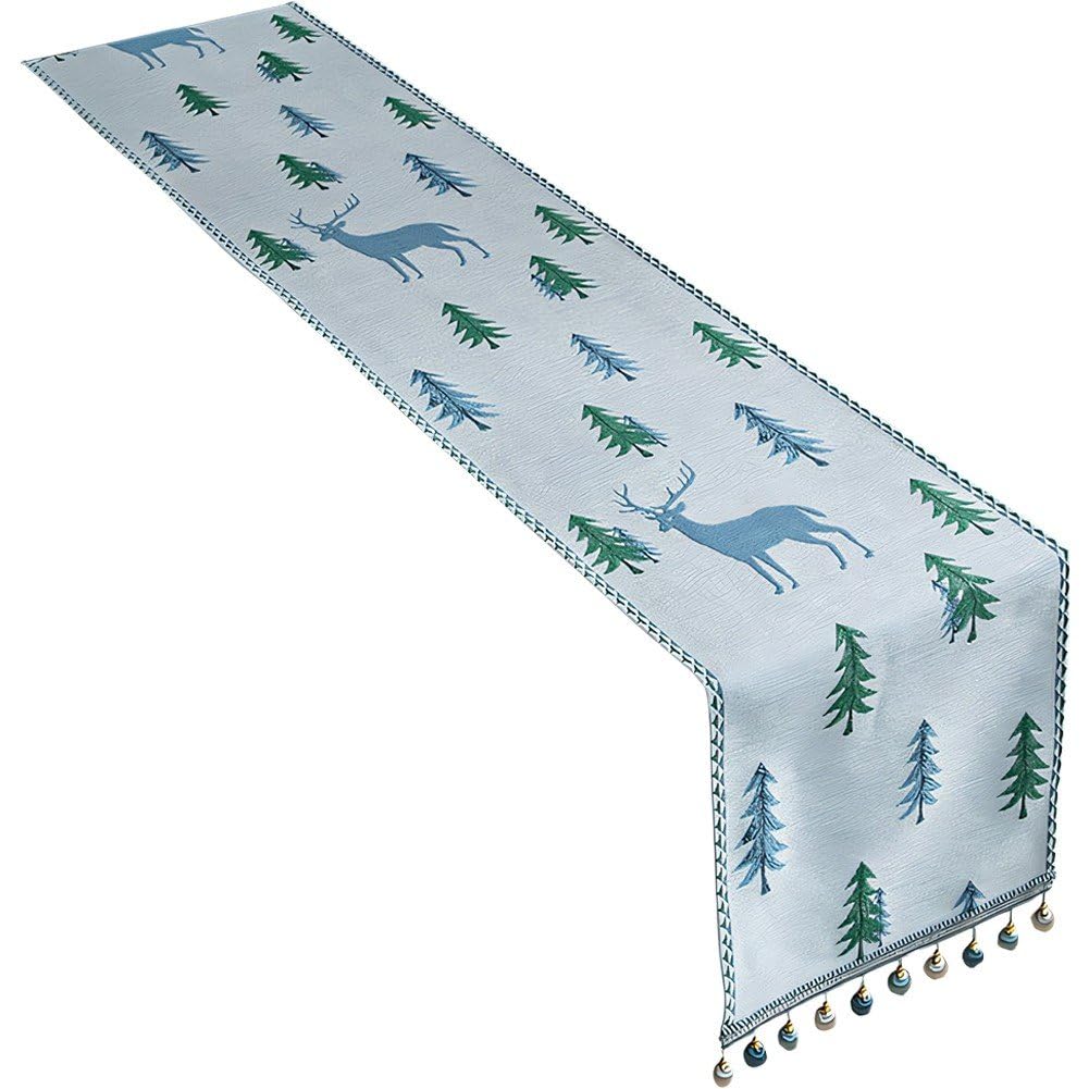 Chemin de table de Noël en jacquard cerf 33x180 cm haut de gamme brodé avec pompons de table