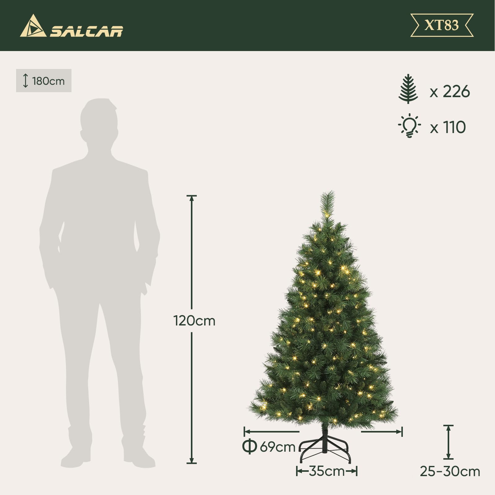 SALCAR künstlicher Weihnachtsbaum mit Beleuchtung, 120 cm hoher Kleiner Tannenbaum mit warmweißer und RGB Christbaumbeleuchtung, PVC Christbaum für Weihnachtsdekoration