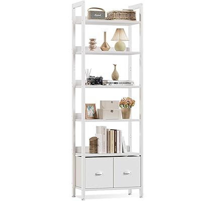 Furologee White 6 Tier Bookshelf with Drawers, Tall 71" Bookcase with Shelves, Modern Wood and Metal Bookshelves Storage Organizer, Display Free Standing Shelf Unit for Bedroom, Living Room, Office
