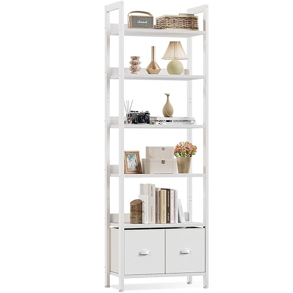 Furologee White 6 Tier Bookshelf with Drawers, Tall 71" Bookcase with Shelves, Modern Wood and Metal Bookshelves Storage Organizer, Display Free Standing Shelf Unit for Bedroom, Living Room, Office