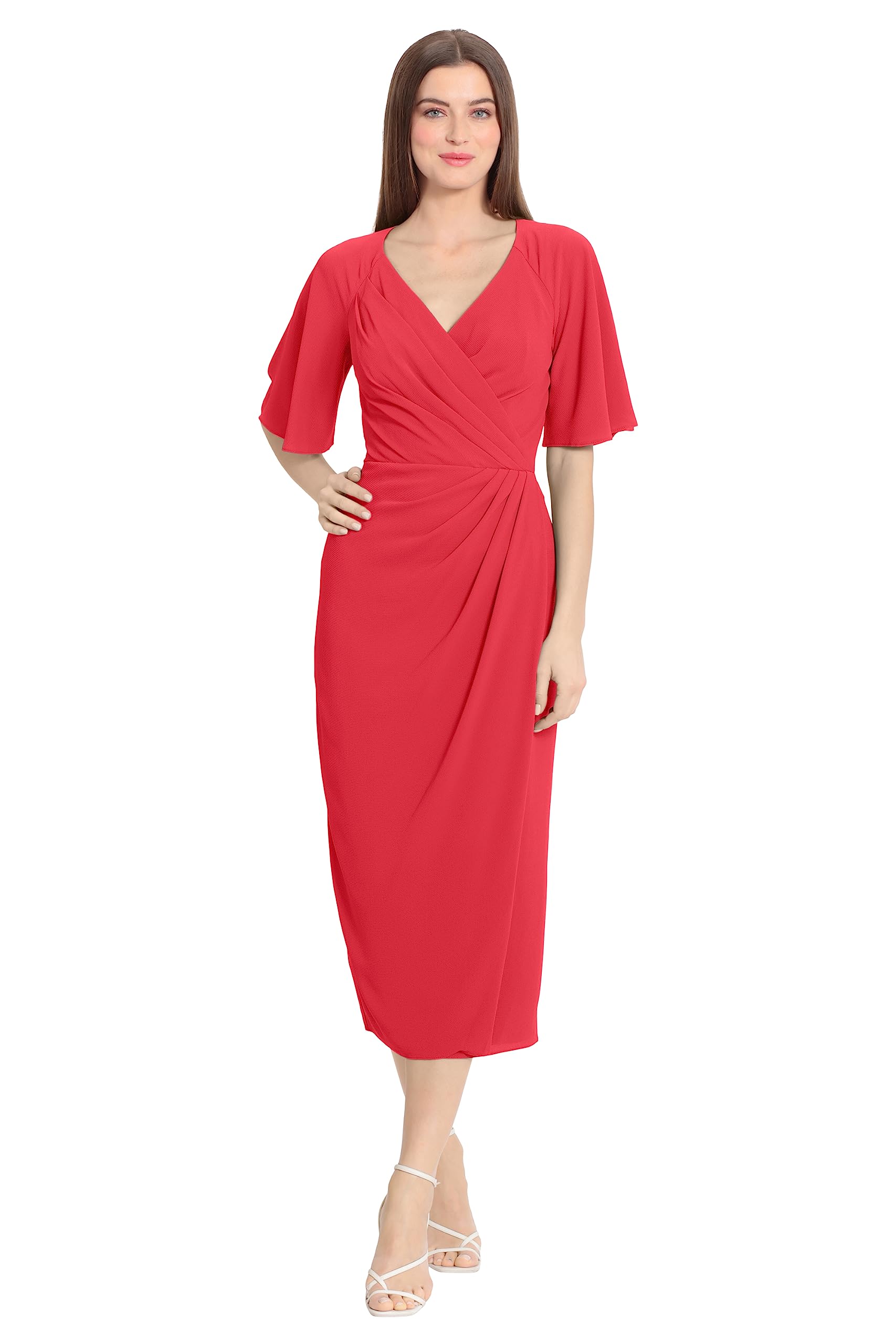 Maggy London Women's Maggy London Women's Dresses Short Flutter Sleeve Faux Wrap Midi Dress