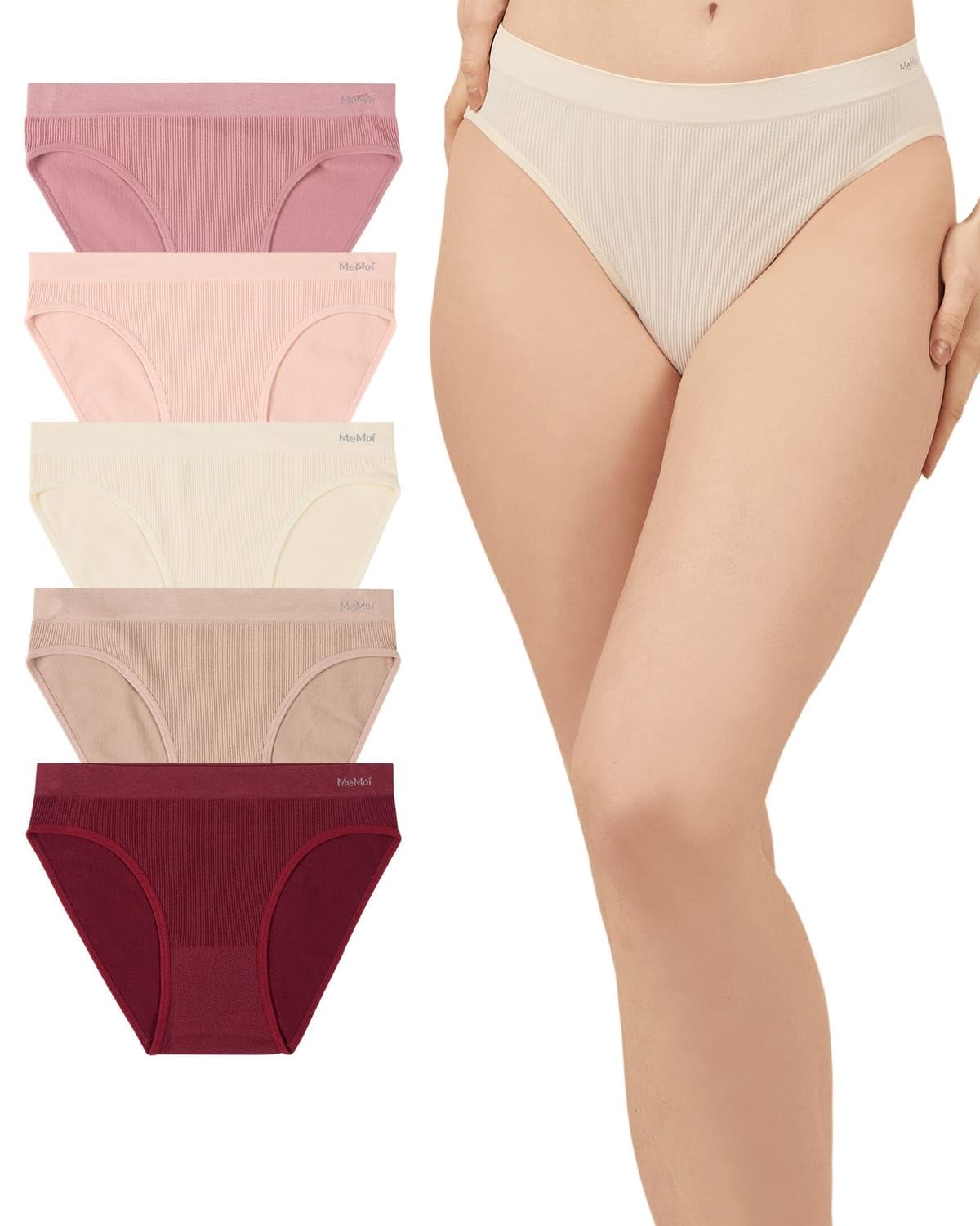 MeMoi Women's Pin Rib Seamless Bikini Panties 5 Pack, No Show Underwear