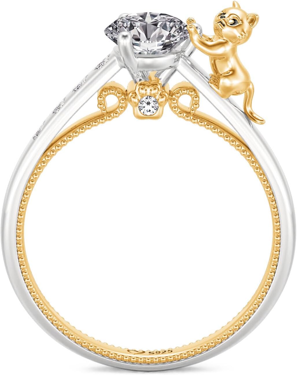 Jeulia Hug Me Cat and Paw Print Engagement Ring for Women 18K Gold Sterling Silver Round Cut Cute Promise Ring Wedding Anniversary Christmas Birthday With Jewelry Box