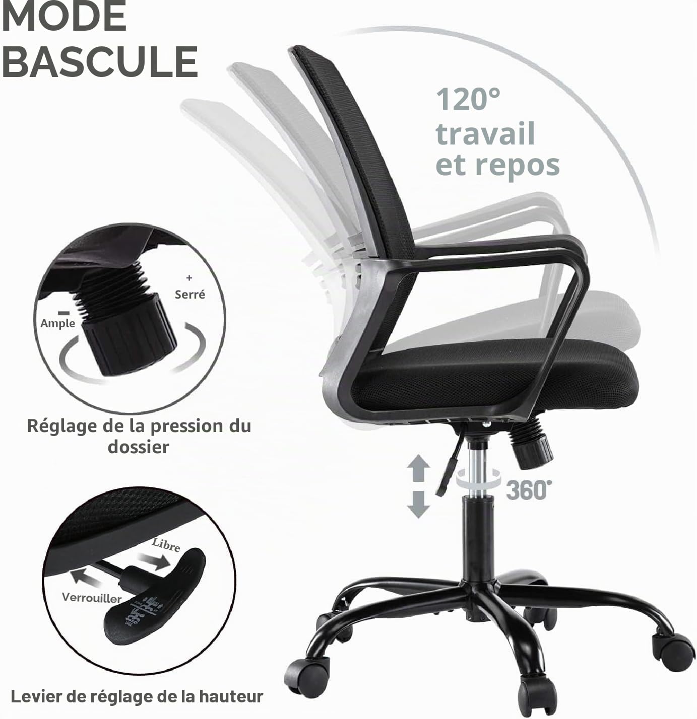 mcc direct - Chaise de bureau ergonomique réglable en maille pivotante avec coussin d'assise rembourré, chaise d'ordinateur à hauteur réglable avec support lombaire et bascule pivotante pour la maison