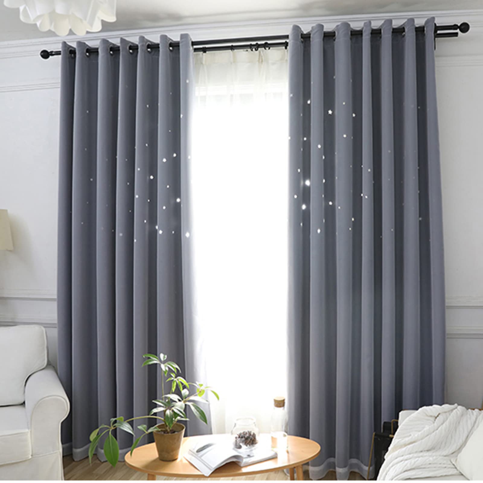 Rideaux occultants thermiques à double couche avec motif étoiles, voilages transparents pour chambre de fille et salon, 1 pièce, bloquant la lumière, design écoénergétique
