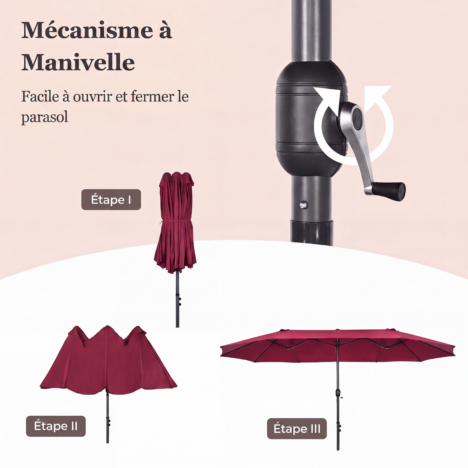 RELAX4LIFE Parasol de Jardin Extérieur 470X280 CM, Grand Parasol Double pour Jardin Terrasse Patio, Protection UV, Belaines Métalliques, Polyester Haute Densité, Manivelle, avec Attache (Bordeaux)
