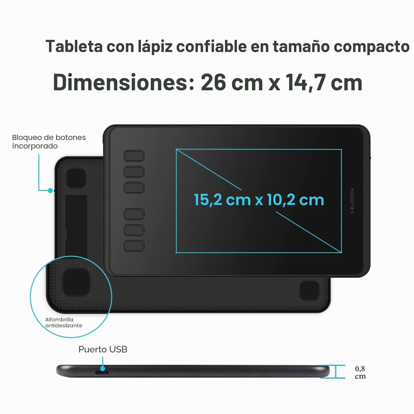 HUION H640P Tableta Gráfica con 8192 Niveles de Sensibilidad a la Presión con Lápiz Óptico Sin Pilas y 6 Teclas de Función Personalizables